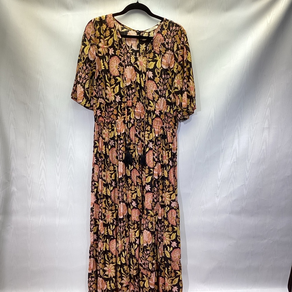 Soft Surroundings Marissa Floral Maxi Dress Black Gold Boho Tassel Size 16 NWOT